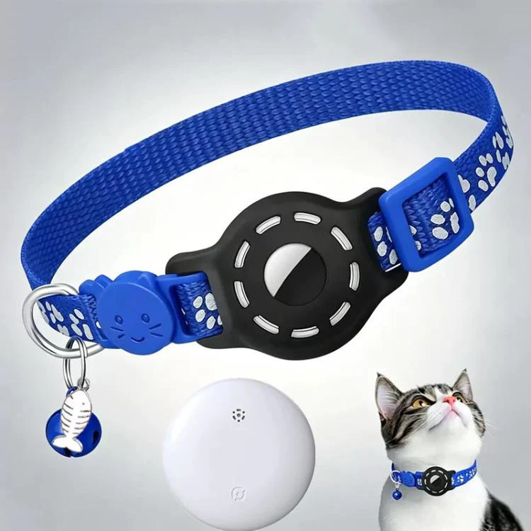 Smart Cat Collar With Built-In Tracker Reflective Paw Prints Compatible with Apple Find My(Deep Blue+White)