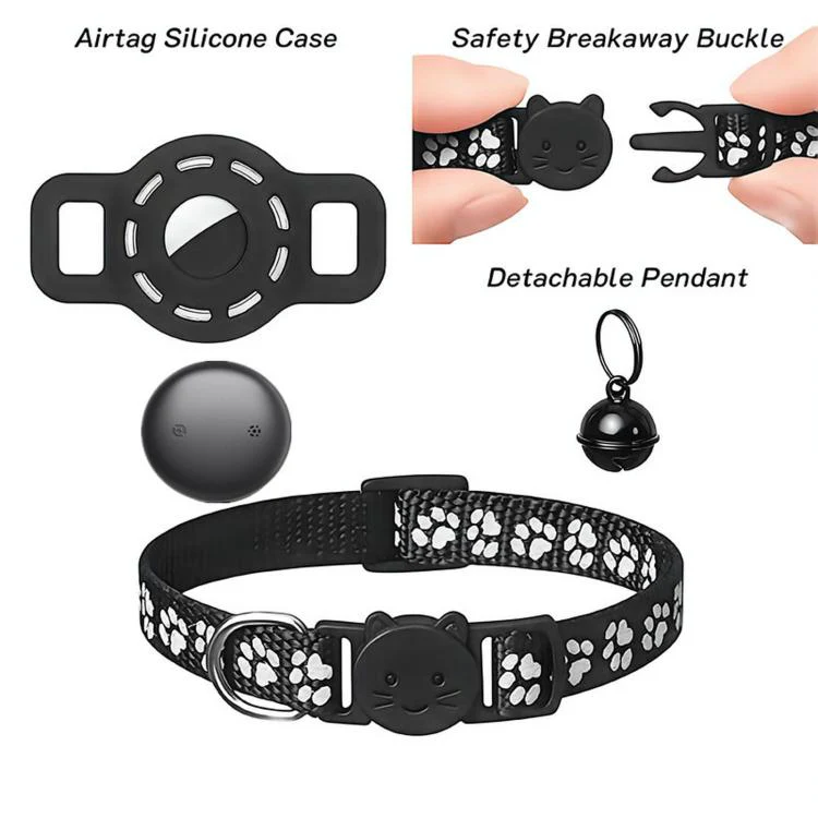 Smart Cat Collar With Built-In Tracker Reflective Paw Prints Compatible with Google Find My(Black+Black) - Image 3