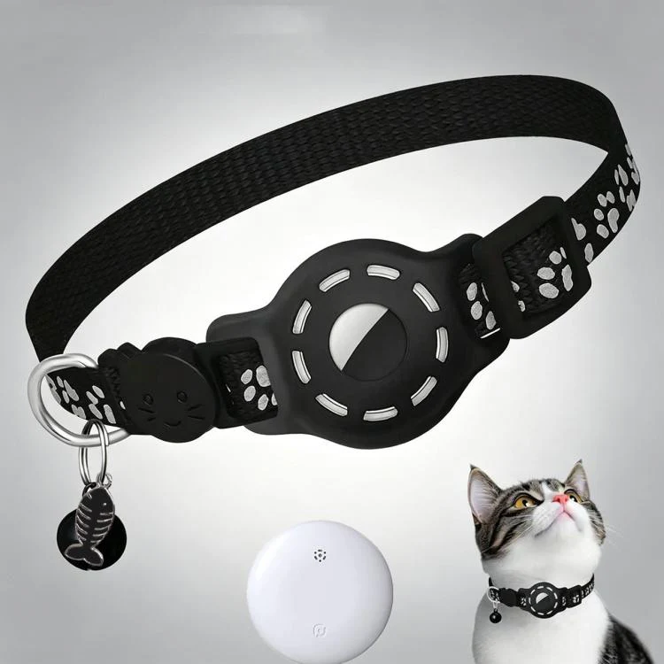 Smart Cat Collar With Built-In Tracker Reflective Paw Prints Compatible with Google Find My(Black+White)