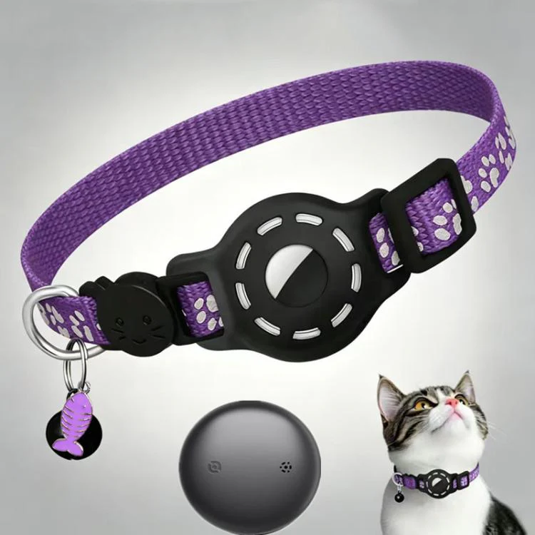 Smart Cat Collar With Built-In Tracker Reflective Paw Prints Compatible with Google Find My(Purple+Black)