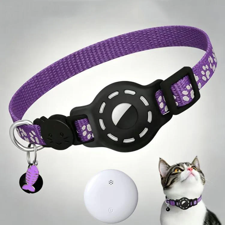 Smart Cat Collar With Built-In Tracker Reflective Paw Prints Compatible with Google Find My(Purple+White)