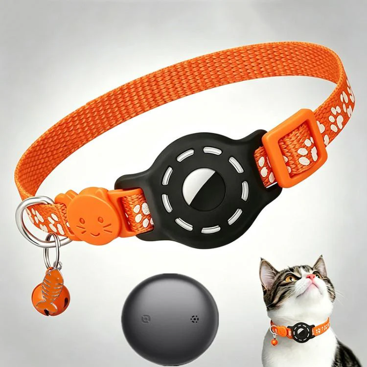Smart Cat Collar With Built-In Tracker Reflective Paw Prints Dual System for iOS & Android(Orange+Black)