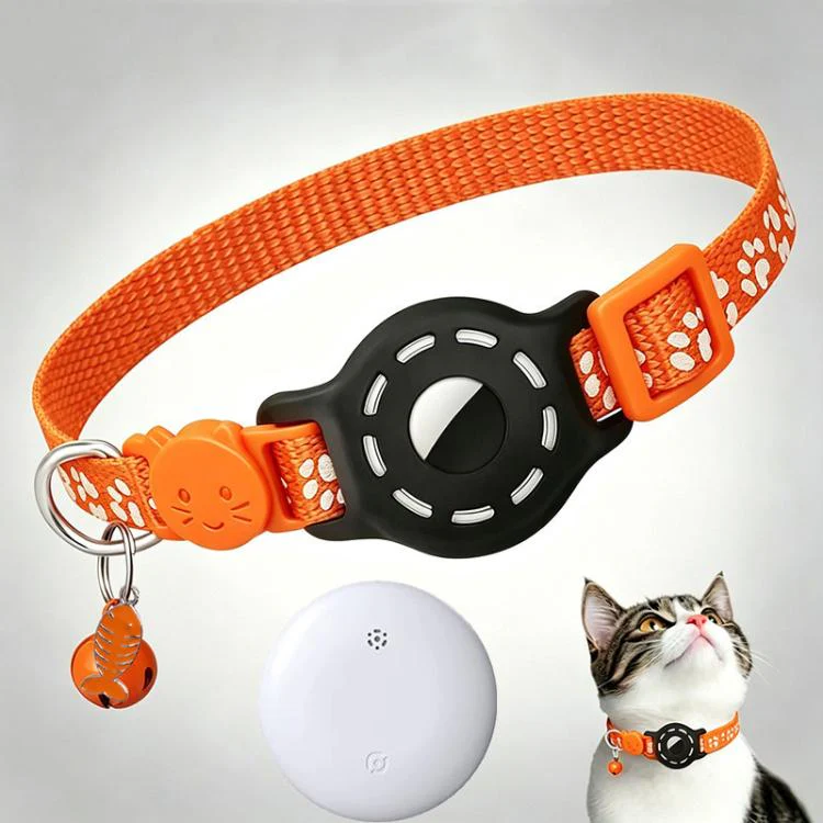 Smart Cat Collar With Built-In Tracker Reflective Paw Prints Dual System for iOS & Android(Orange+White)