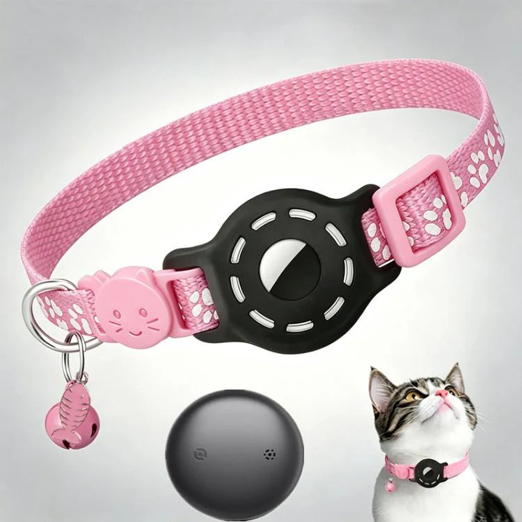 Smart Cat Collar With Built-In Tracker Reflective Paw Prints Dual System for iOS & Android(Pink+Black)