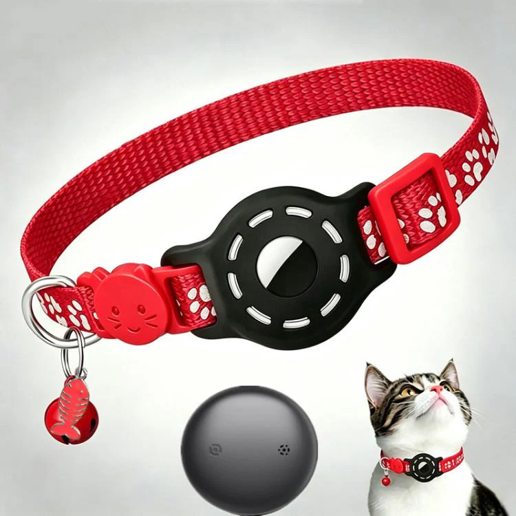 Smart Cat Collar With Built-In Tracker Reflective Paw Prints Dual System for iOS & Android(Red+Black)