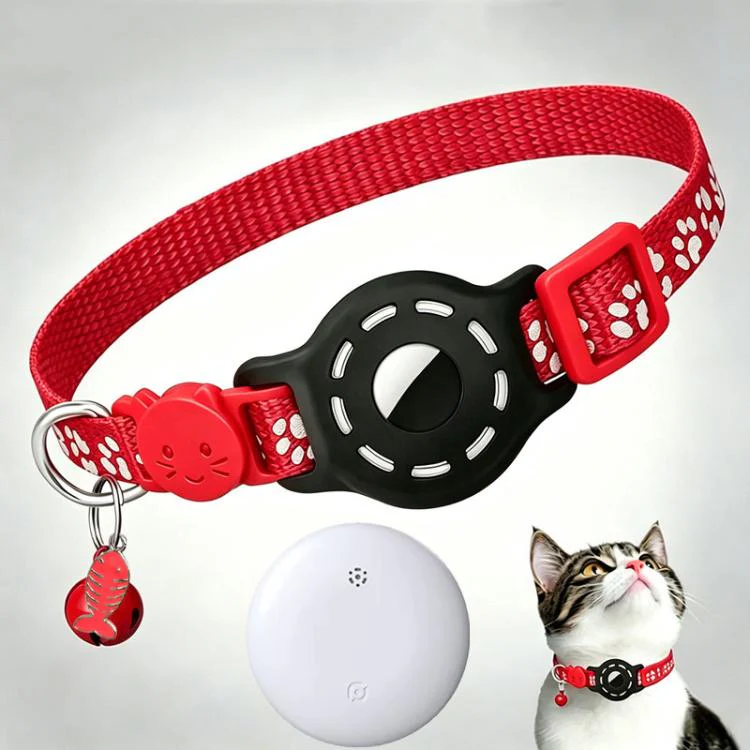 Smart Cat Collar With Built-In Tracker Reflective Paw Prints Dual System for iOS & Android(Red+White)