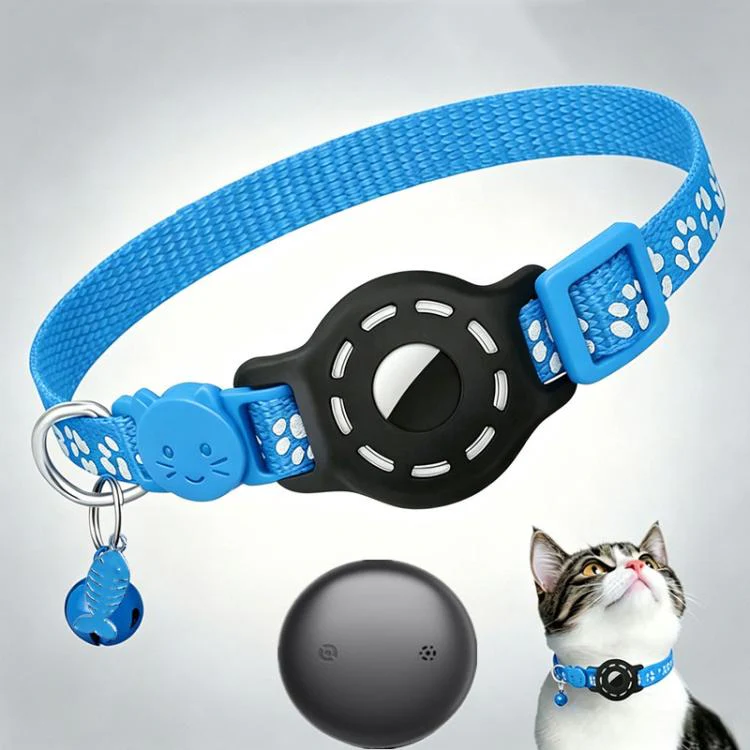 Smart Cat Collar With Built-In Tracker Reflective Paw Prints Dual System for iOS & Android(Sky Blue+Black)
