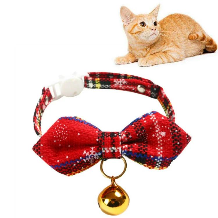 Snowflake Christmas Red Plaid Adjustable Pet Bow Tie Collar Bow Knot Cat Dog Collar, Size:S 17-30cm, Style:Pointed Bowknot With Bell