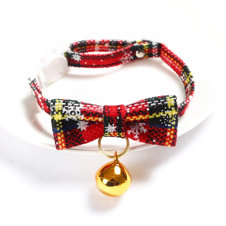 Snowflake Christmas Red Plaid Adjustable Pet Bow Tie Collar Bow Knot Cat Dog Collar, Size:S 17-30cm, Style:Small Bowknot With Bell - Image 2