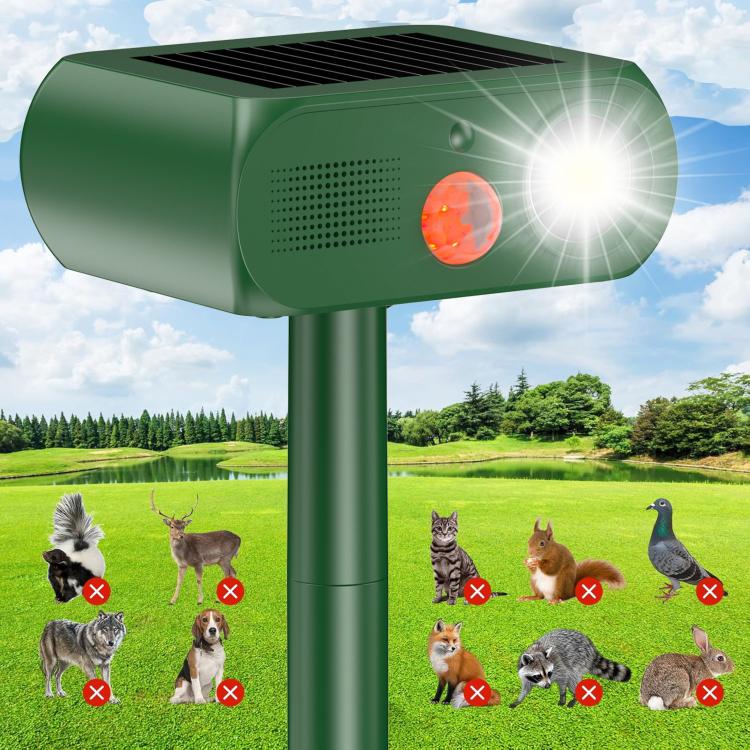 Solar Animal Repeller Outdoor Ultrasonic Cat Deterrent Yard with PIR Motion Sensor 4 Modes Ultrasonic Bird Deterrent Garden Dog Repeller with LED Flashing Light(Green)