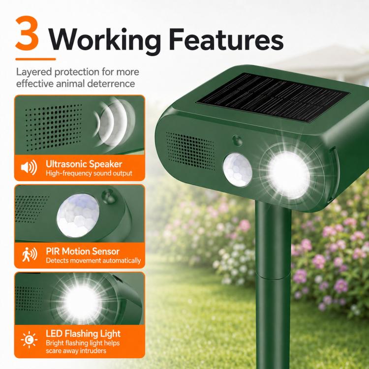 Solar Animal Repeller Outdoor Ultrasonic Cat Deterrent Yard with PIR Motion Sensor 4 Modes Ultrasonic Bird Deterrent Garden Dog Repeller with LED Flashing Light(Green) - Image 3