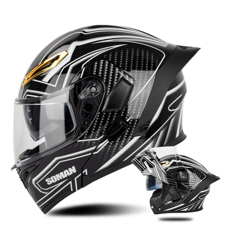SOMAN Motorcycle Dual Lens Riding Peel-Off Full Coverage Helmet, Size: M(Bright Black White)