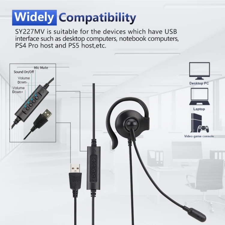 SOYTO SY227 Single-side Operator Ear Hook Headset Corded Computer Headset, Interfaces: Separation USB Wire Control - Image 3