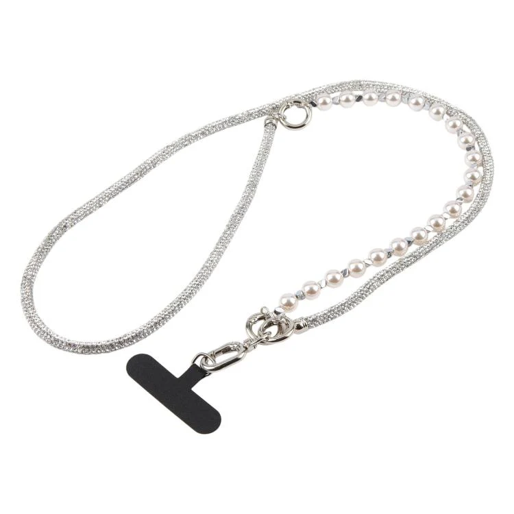 Sparkling Rhinestone Pearl Phone Lanyard with Detachable Crystal Beads(Silver)