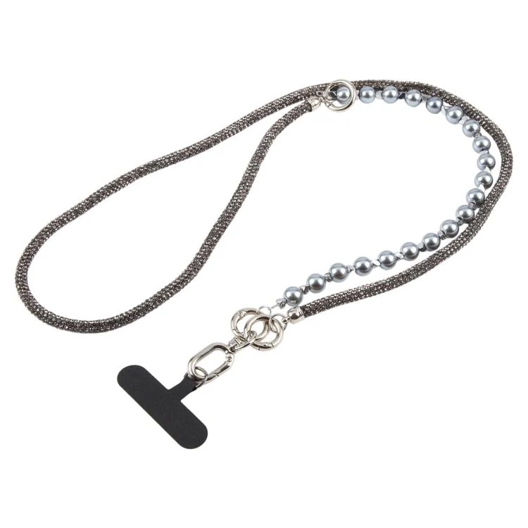 Sparkling Rhinestone Pearl Phone Lanyard with Detachable Crystal Beads(Silver Black)