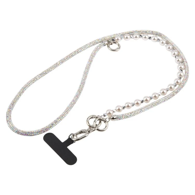 Sparkling Rhinestone Pearl Phone Lanyard with Detachable Crystal Beads(Silver Multicolor)