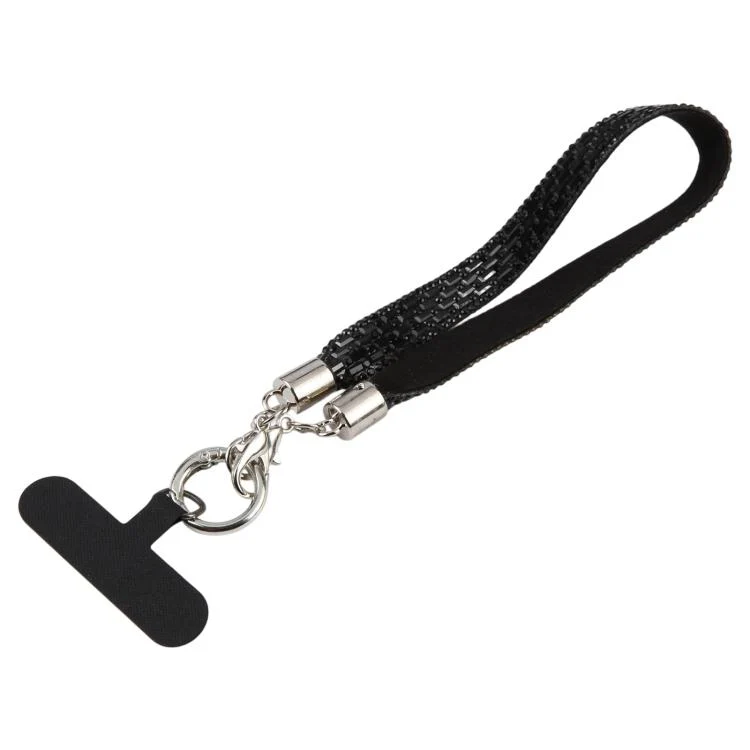 Sparkling Rhinestone Phone Charm Strap with Tether Pad(Black)