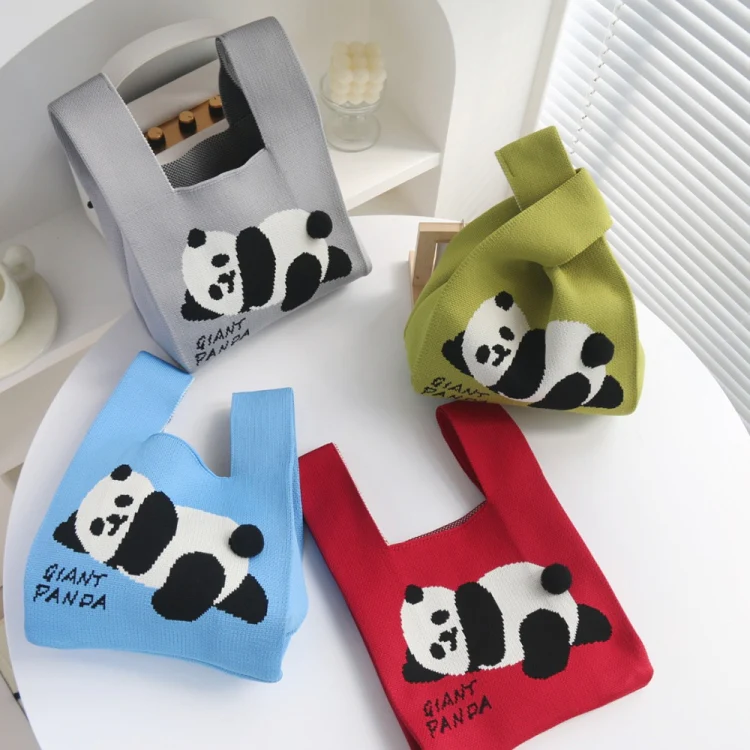 Spring and Summer Giant Panda Knitted Bag Large Capacity Cartoon Vest Style Handbag(Matcha Color) - Image 3