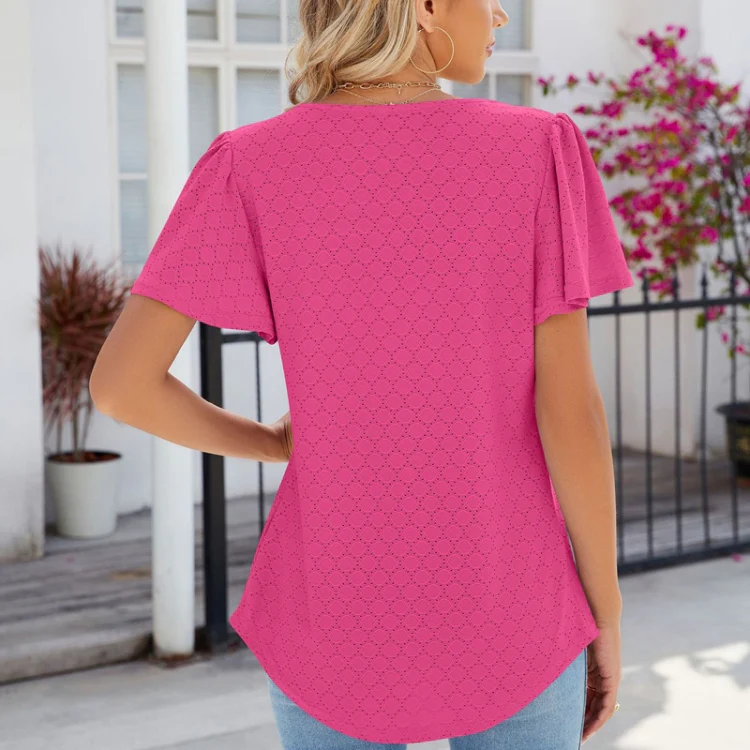 Spring and Summer Square Neck Pleated Short Sleeve Ladies Loose T-Shirt Top, Size: L(Rose Pink) - Image 4
