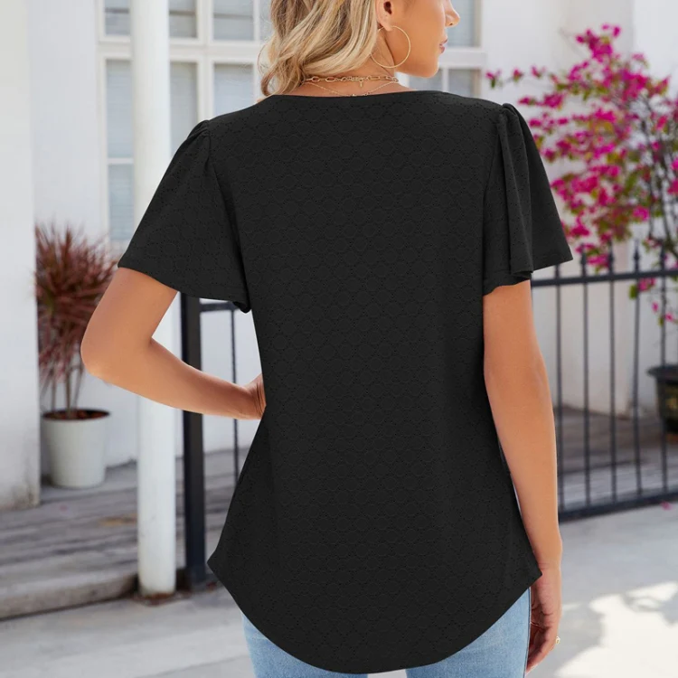 Spring and Summer Square Neck Pleated Short Sleeve Ladies Loose T-Shirt Top, Size: M(Black) - Image 4