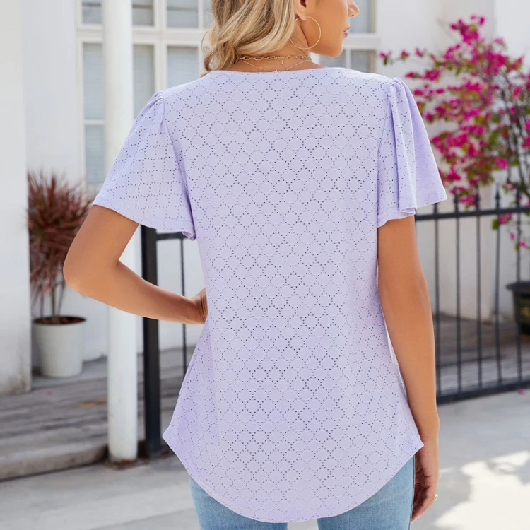 Spring and Summer Square Neck Pleated Short Sleeve Ladies Loose T-Shirt Top, Size: S(Purple) - Image 4
