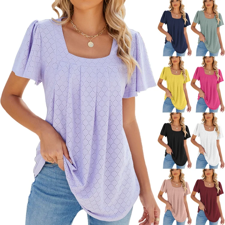 Spring and Summer Square Neck Pleated Short Sleeve Ladies Loose T-Shirt Top, Size: S(Purple) - Image 5