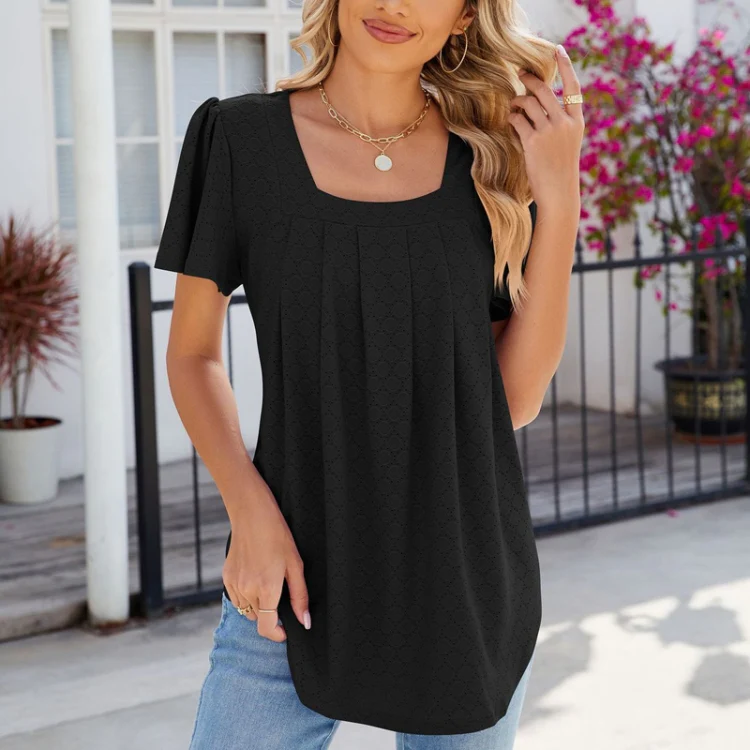 Spring and Summer Square Neck Pleated Short Sleeve Ladies Loose T-Shirt Top, Size: XXL(Black) - Image 3