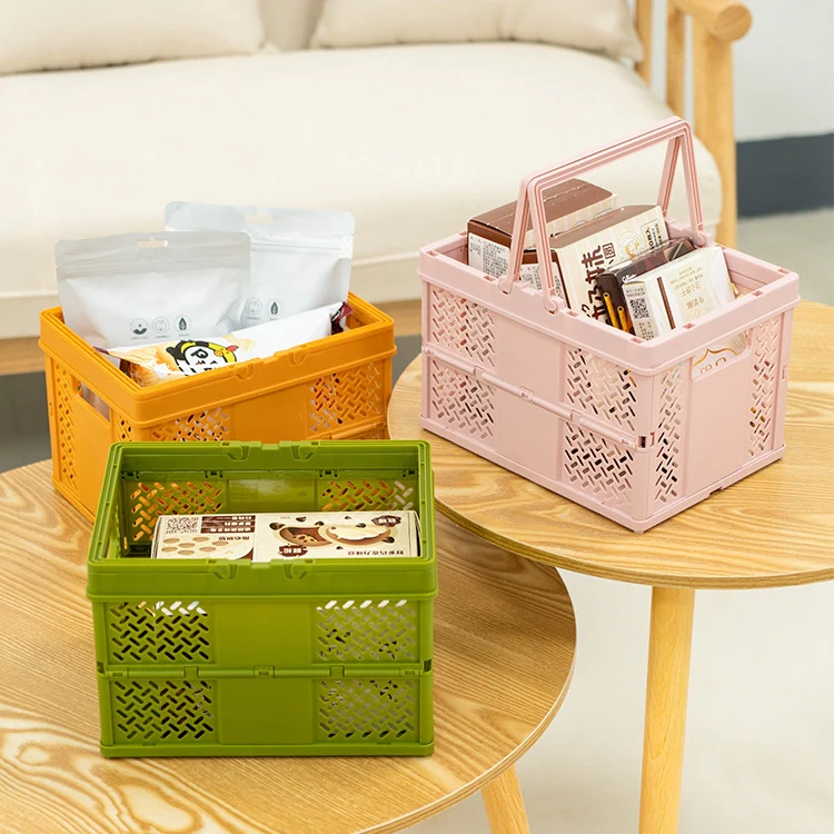 Stacking Folding Storage Baskets Home Kitchen Storage Bin Organizer With Handle 24.4 x 18 x 1.4cm(Pink) - Image 2