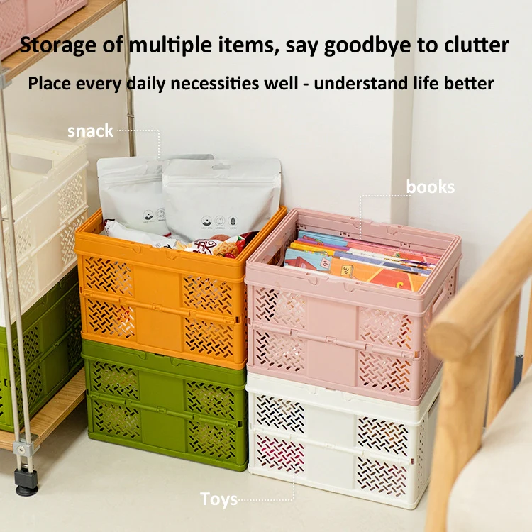 Stacking Folding Storage Baskets Home Kitchen Storage Bin Organizer With Handle 24.4 x 18 x 1.4cm(Pink) - Image 4