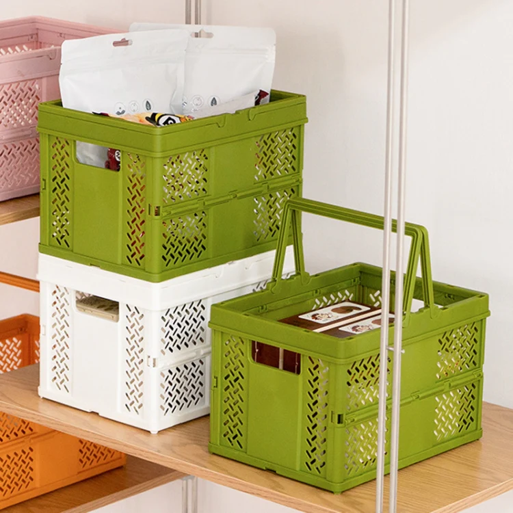 Stacking Folding Storage Baskets Home Kitchen Storage Bin Organizer With Handle 24.4 x 18 x 1.4cm(Pink) - Image 7