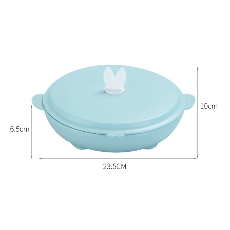 Stainless Steel Baby Dinner Plate Cartoon Rabbit Ears Shape Lattice Student Tableware Infant Food Supplement Training Rice Bowl Fast Food Plate(Blue) - Image 2