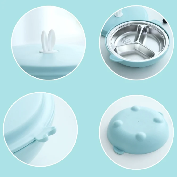 Stainless Steel Baby Dinner Plate Cartoon Rabbit Ears Shape Lattice Student Tableware Infant Food Supplement Training Rice Bowl Fast Food Plate(Blue) - Image 4