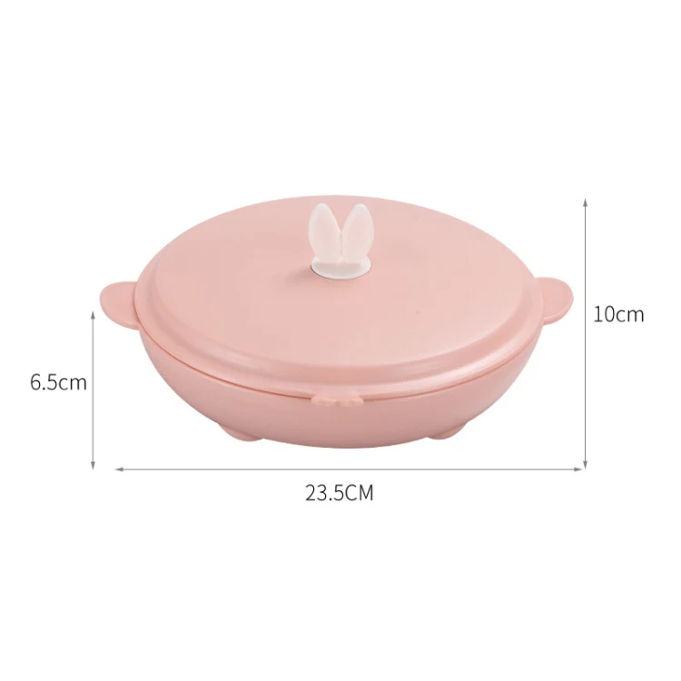 Stainless Steel Baby Dinner Plate Cartoon Rabbit Ears Shape Lattice Student Tableware Infant Food Supplement Training Rice Bowl Fast Food Plate(Pink) - Image 2