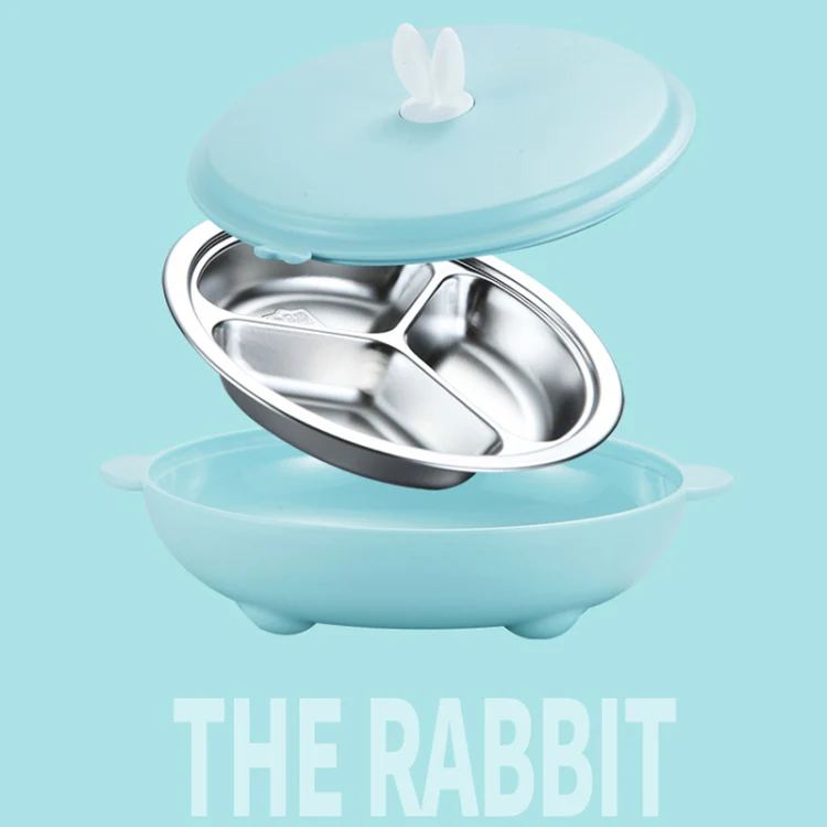 Stainless Steel Baby Dinner Plate Cartoon Rabbit Ears Shape Lattice Student Tableware Infant Food Supplement Training Rice Bowl Fast Food Plate(Pink) - Image 3