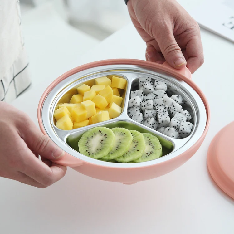 Stainless Steel Baby Dinner Plate Cartoon Rabbit Ears Shape Lattice Student Tableware Infant Food Supplement Training Rice Bowl Fast Food Plate(Pink) - Image 7