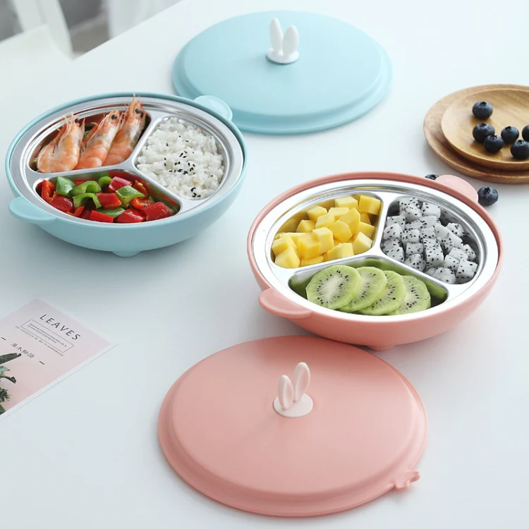 Stainless Steel Baby Dinner Plate Cartoon Rabbit Ears Shape Lattice Student Tableware Infant Food Supplement Training Rice Bowl Fast Food Plate(Pink) - Image 8