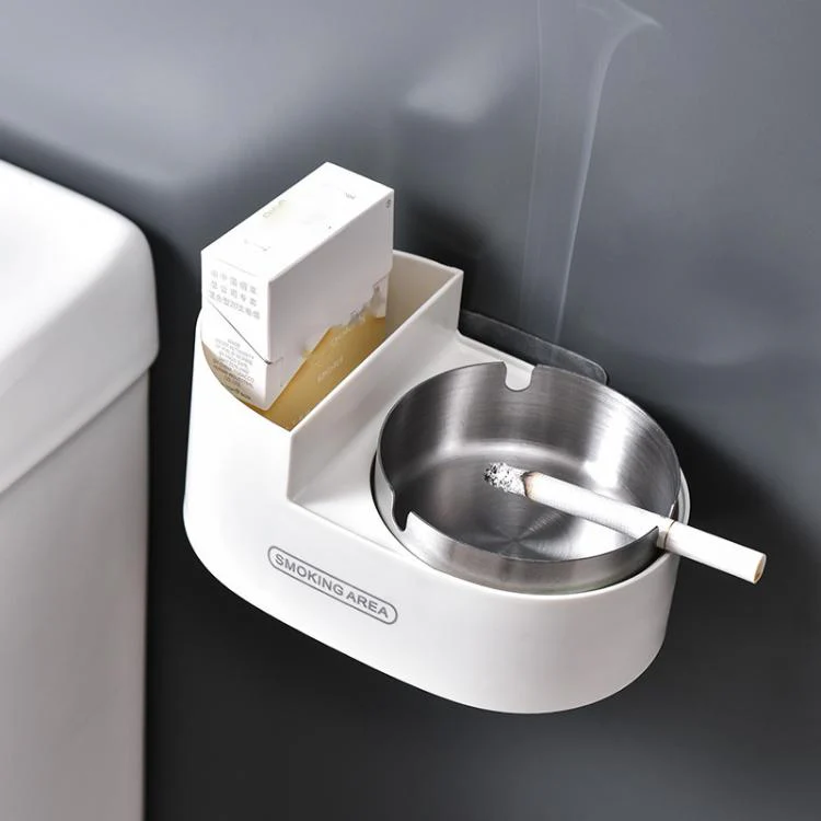 Stainless Steel Wall-Mounted Ashtray with Lid for Bathroom and Toilet Space-Saving Ash Holder(White+Clear) - Image 2