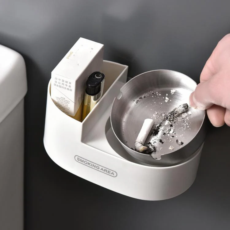 Stainless Steel Wall-Mounted Ashtray with Lid for Bathroom and Toilet Space-Saving Ash Holder(White+Clear Blue) - Image 3