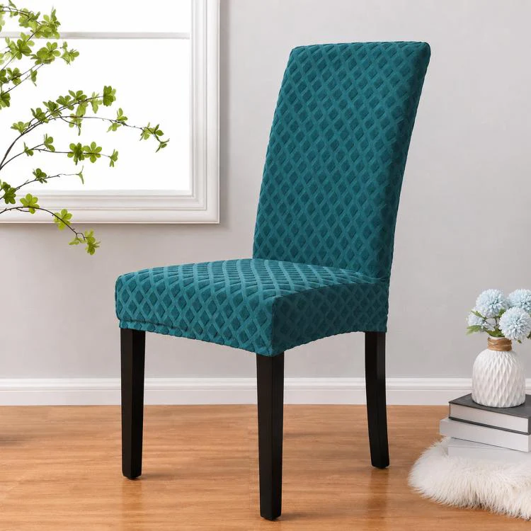 Stretch Dining Chair Cover Rhombus High Back Kitchen Chair Slipcover, Size: M 45-60cm Height(Peacock Blue)