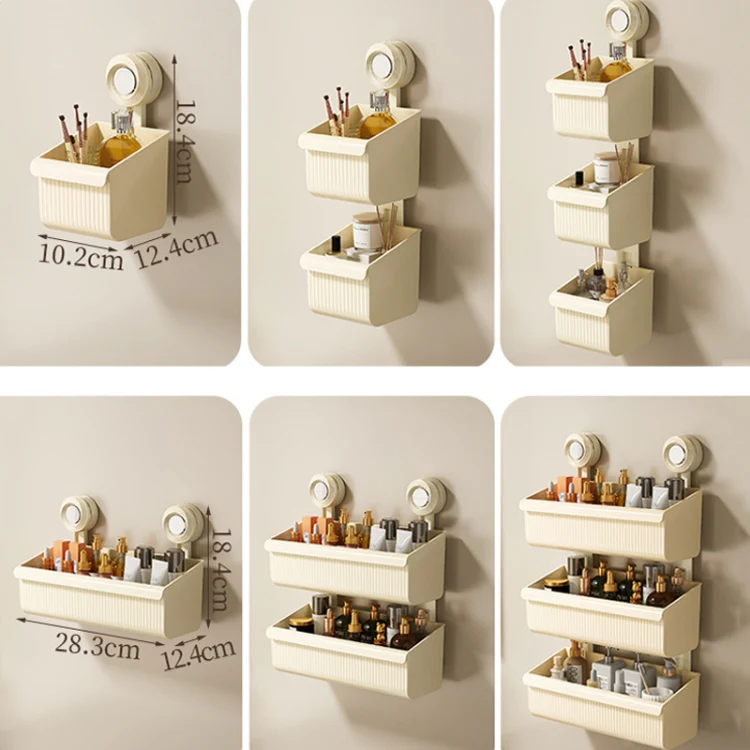 Suction Cup Wall Mounted Bathroom Shelf Drainage Detachable Storage Rack Hanging Basket, Style: 2 Layers Large Cream - Image 3