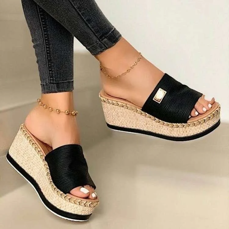 Summer Casual Sandals Women Shoes Hemp Rope Woven Thick Bottom Slope Heel Slippers, Size: 39(Black)