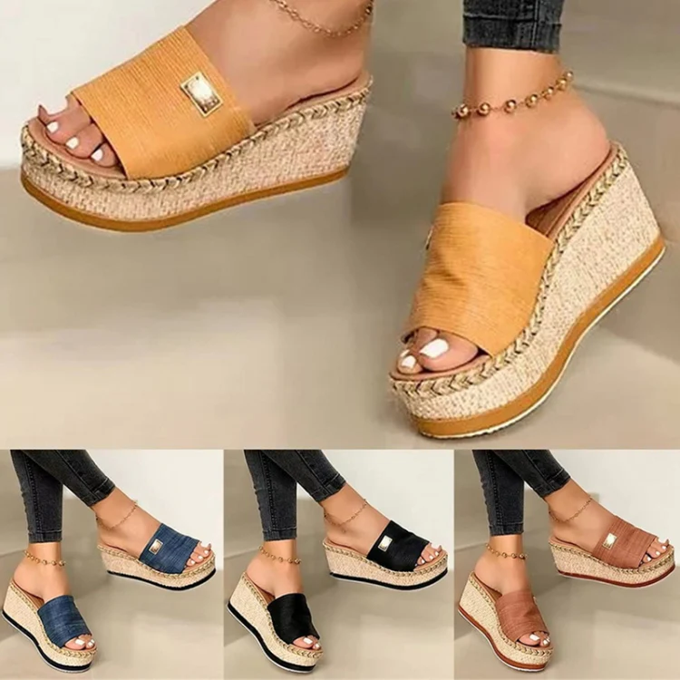 Summer Casual Sandals Women Shoes Hemp Rope Woven Thick Bottom Slope Heel Slippers, Size: 39(Brown) - Image 2