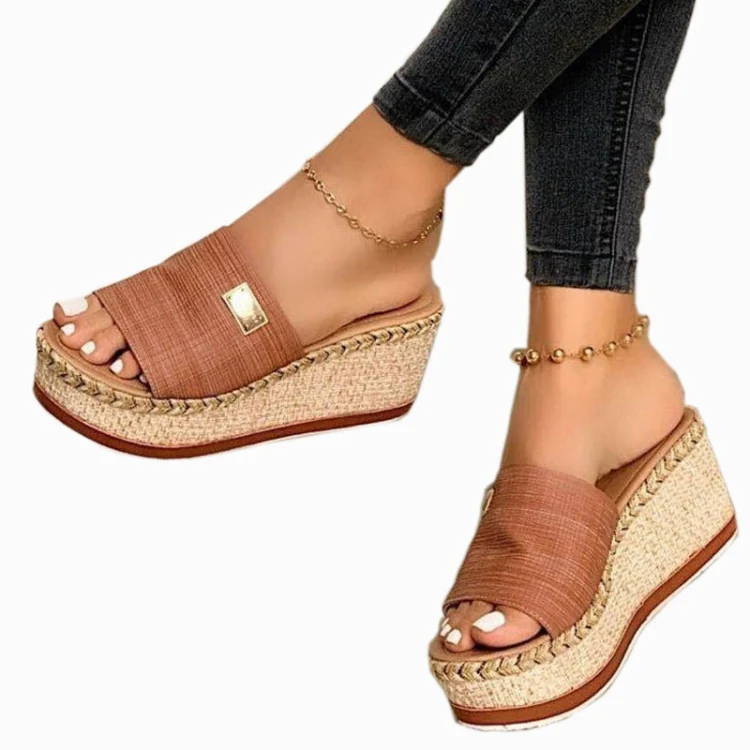 Summer Casual Sandals Women Shoes Hemp Rope Woven Thick Bottom Slope Heel Slippers, Size: 43(Brown) - Image 4