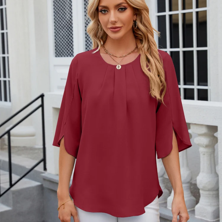 Summer Women Loose Chiffon Blouse Tops Round Neck 5 Points Sleeve Short Sleeve, Size: M(Wine Red) - Image 2