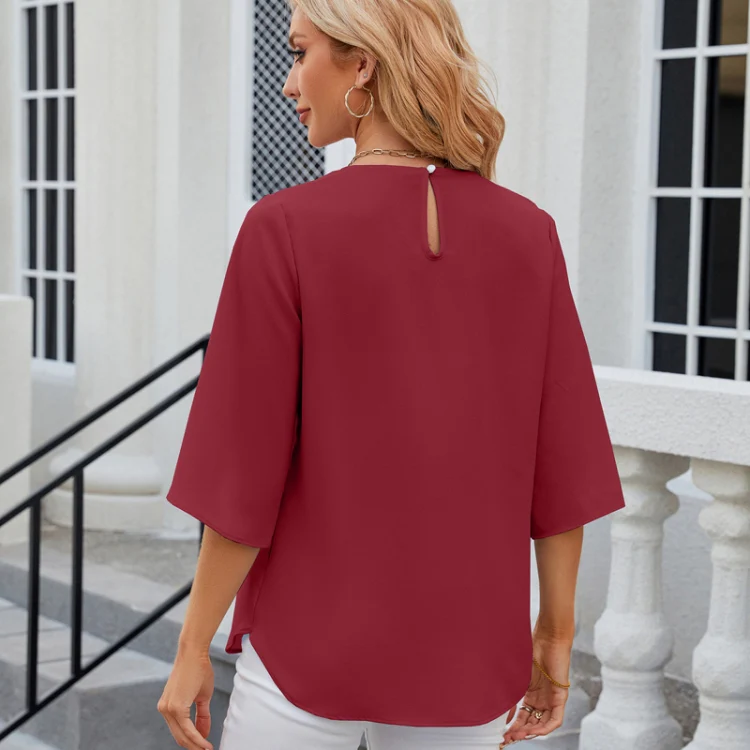 Summer Women Loose Chiffon Blouse Tops Round Neck 5 Points Sleeve Short Sleeve, Size: M(Wine Red) - Image 3