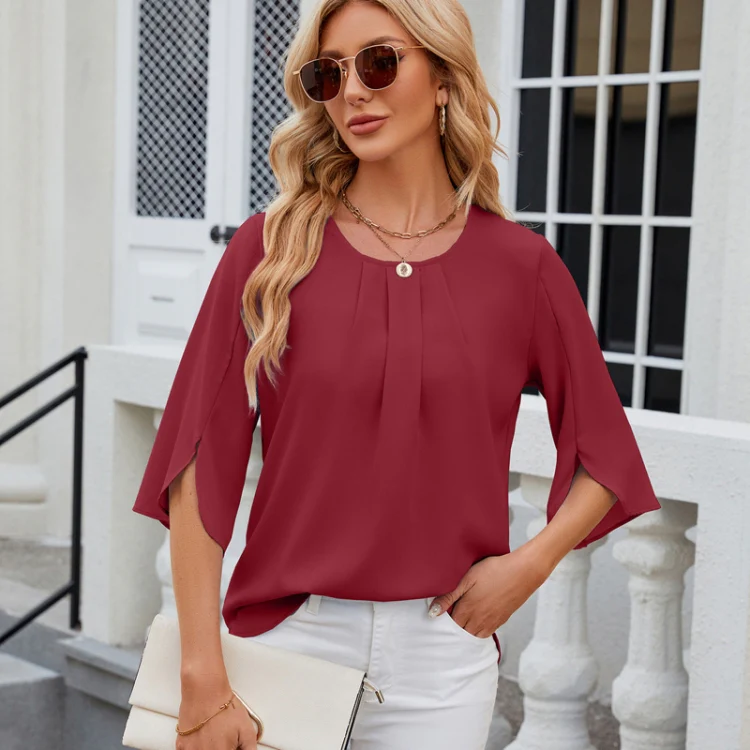 Summer Women Loose Chiffon Blouse Tops Round Neck 5 Points Sleeve Short Sleeve, Size: M(Wine Red) - Image 4