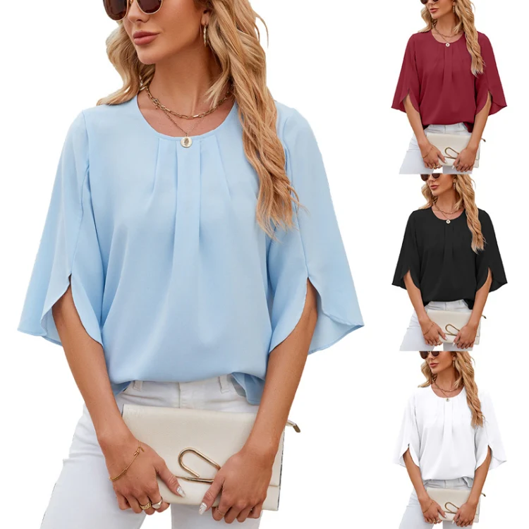 Summer Women Loose Chiffon Blouse Tops Round Neck 5 Points Sleeve Short Sleeve, Size: M(Wine Red) - Image 6
