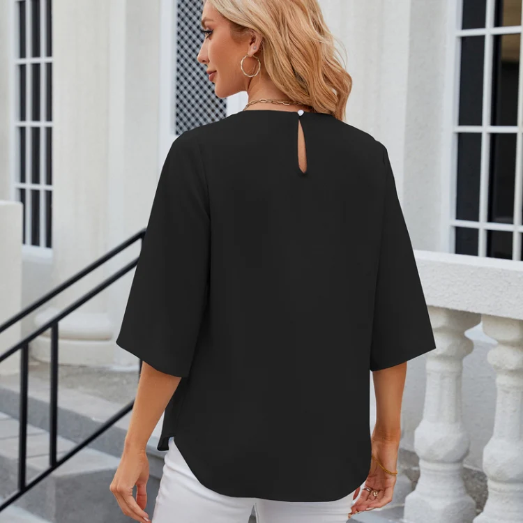 Summer Women Loose Chiffon Blouse Tops Round Neck 5 Points Sleeve Short Sleeve, Size: XL(Black) - Image 3
