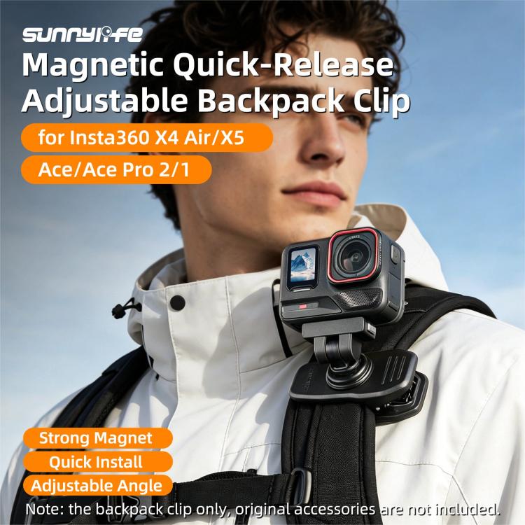 Sunnylife Magnetic Quick-Release Backpack Clip Action Camera Clamp Vertical-Horizontal Mount for Insta360 X4 Air / X5 / Ace / Ace Pro 2 / 1 (Black) - Image 3
