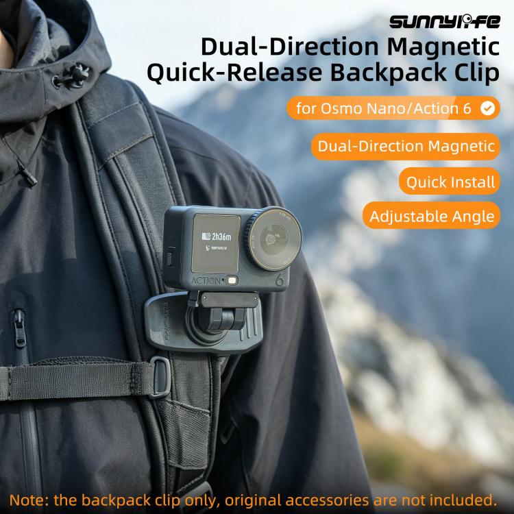 Sunnylife Magnetic Quick-Release Backpack Clip Adjustable Action Camera Clamp Vertical-Horizontal Mount for DJI Osmo Nano / Action 6 (Black) - Image 3